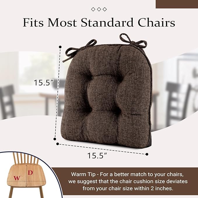 Wellsin Chair Cushions for Dining Chairs, Non-Slip Kitchen Chair Pads with Ties, Tufted Shredded Foam Kitchen Chair Cushions Set of 2, 15.5" X 15.5", Brown