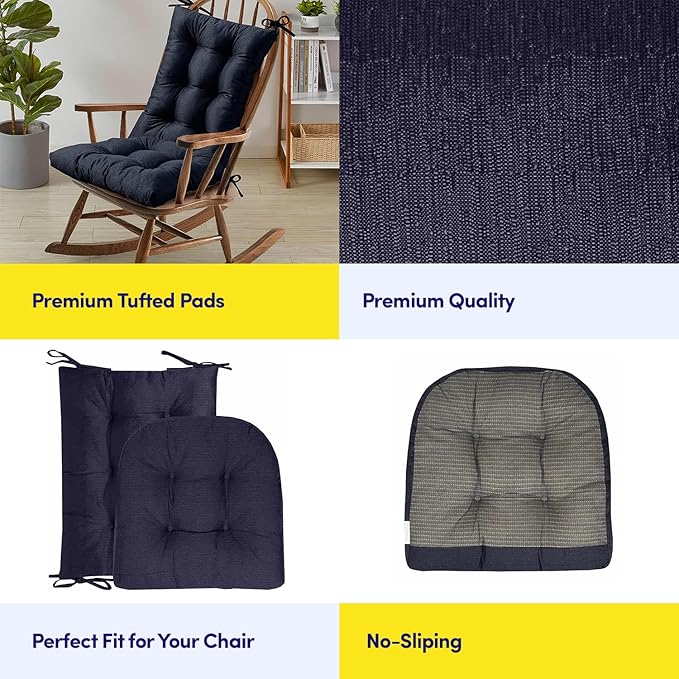 Sweet Home Collection Rocking Chair Cushion Premium Tufted Pads Non Skid Slip Backed Upper and Lower with Ties, 2 Piece Set, Navy Blue (Pack of 1)