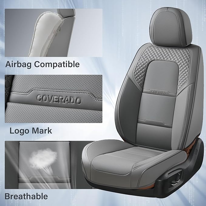 Coverado Car Seat Covers Full Set, 5 Piece Car Seat Protector with Removable Headrest, Nappa Leather Breathable Front Back Rear Seat Cushion Universal Fit for Truck Automotive Most of Cars Gray