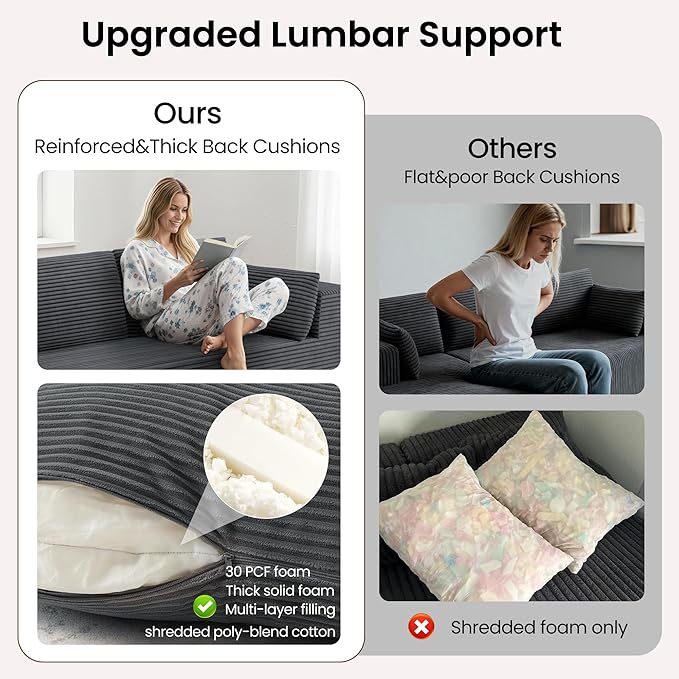 106" Cloud Sectional Boneless Couches for Living Room, Modular L Shaped Couch with Deep Seat Oversized Right Facing Chaise, Memory Foam Compressed Spineless 3 Seater Sofa for Apartment, Grey