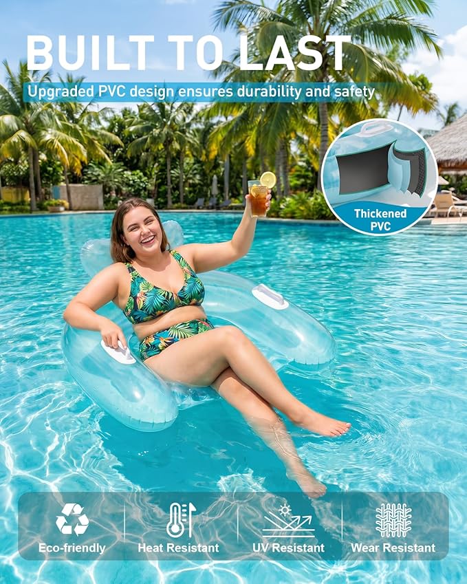 HLDIRECT Inflatable Pool Floats Adult, Floating Pool Chair with Cup Holders for Swimming Pool, Water Chair Pool Lounger with Handles & Ergonomic Headrest for Party Summer Water Fun