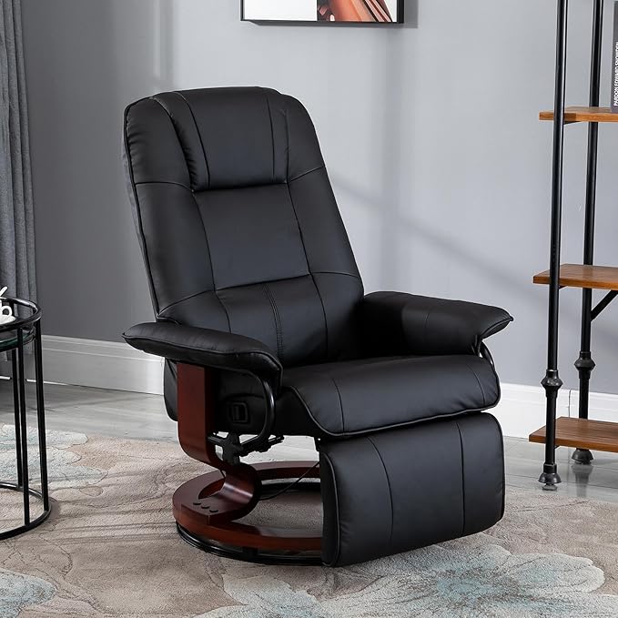 HOMCOM Swivel Recliner Chair, PU Leather Reclining Armchair with Retractable Footrest, Lounge Chair with Wood Base and Adjustable High Back for Small Spaces, Living Room, RV, Bedroom, Black