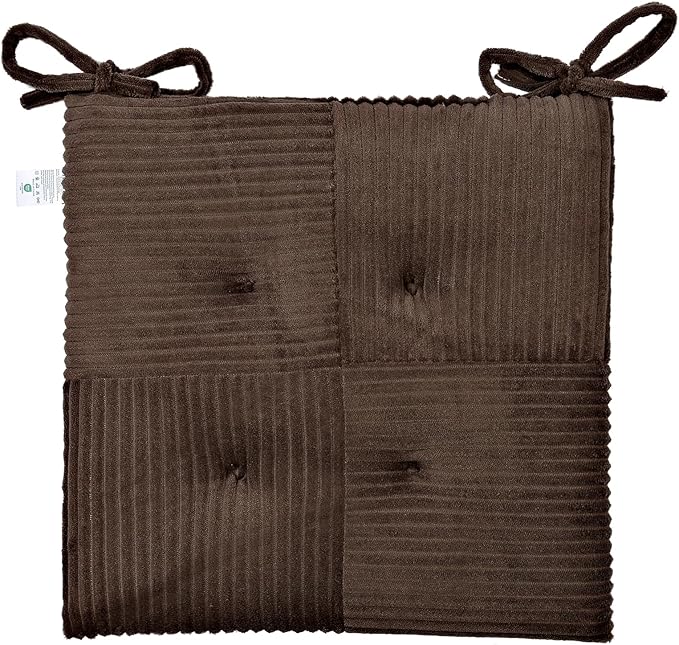 Office Stacking Chair Cushion with Ties, Corduroy High Density Foam Non-Slip Kitchen Seat Cushion, Square 17" x 17" Indoor Dining Chair Pads, Brown, 1 PCS