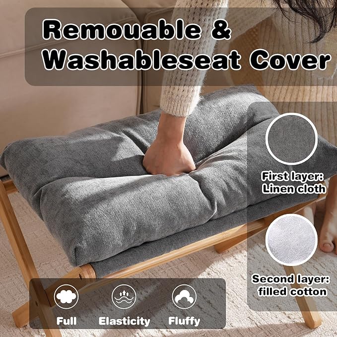 Baveke Folding Upholstered Footrest Stool, Small Accent Ottoman with Thick Cotton Cushion & Bamboo X Legs, Modern Padded Sofa Stool for Makeup Bedroom Living Room, Grey