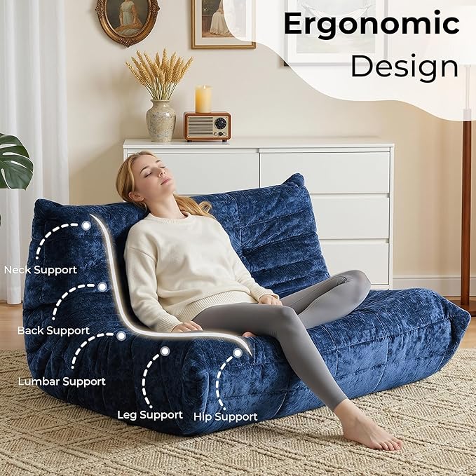 HABUTWAY Bean Bag Chair, Giant Bean Bag Chairs for Adults, Loveseat Fireside Chair, 2 Seater Lazy Bean Bag Sofa Memory Foam Couch for Living Room, Bedroom, Office (Navy Blue)