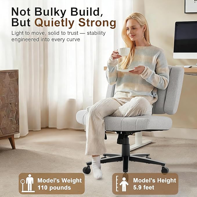 Vigosit Criss Cross Office Chair, Plush Oversized for Cross-Legged Sitting, Adjustable Arms & 360° Swivel Casters - for Home Office, Study, Gaming, Vanity, Comfortable Computer Chair(Grey)