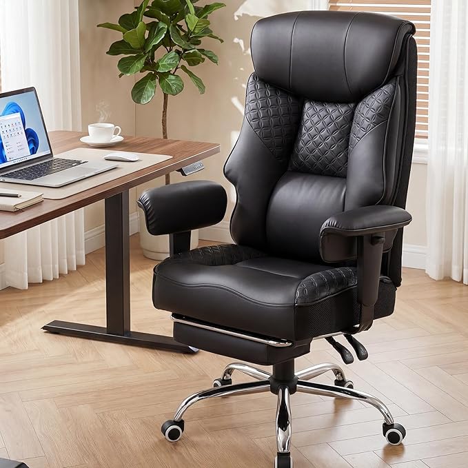 GTPLAYER Big and Tall Office Chair High Back Computer Gaming Chair with Ergonomic Lumbar Support &Pocket Spring Cushion for Lower Back Pain Relief, Leather Executive Chair with Foot Rest, Black