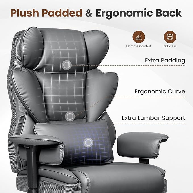 BESTFAIR Big and Tall Office Chair - High Back Executive Chair with Footrest & Lumbar Support for Heavy People, Adjustable Arms, Padded Wide Seat Computer Gaming Chair, Heavy Duty, Gray 2 Pack