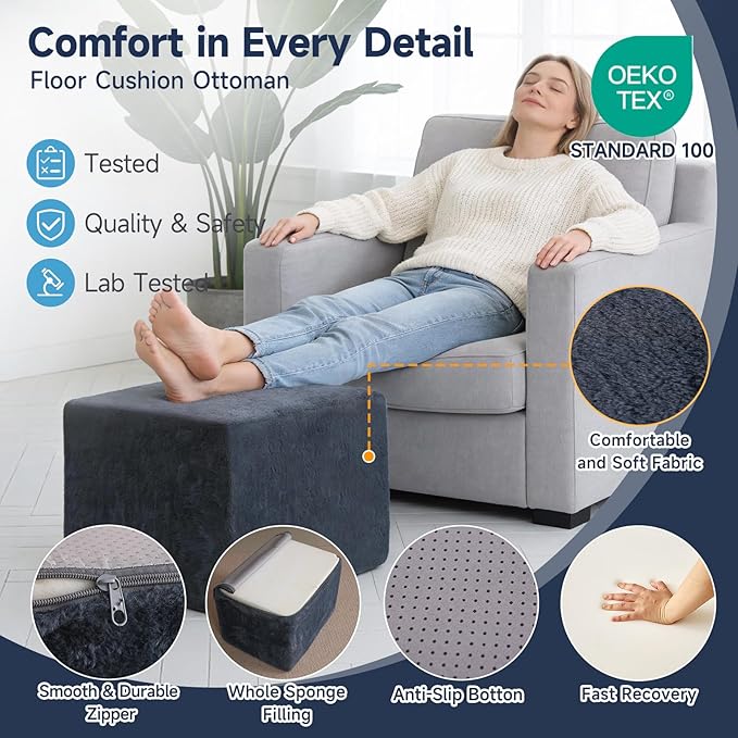 Tiita Stuffed Pouf Ottoman, Square Foot Stool Fluffy Floor Poufs Chair for Living Room Bedroom, Filled Boho Foot Rest for Couch, Blue-Grey