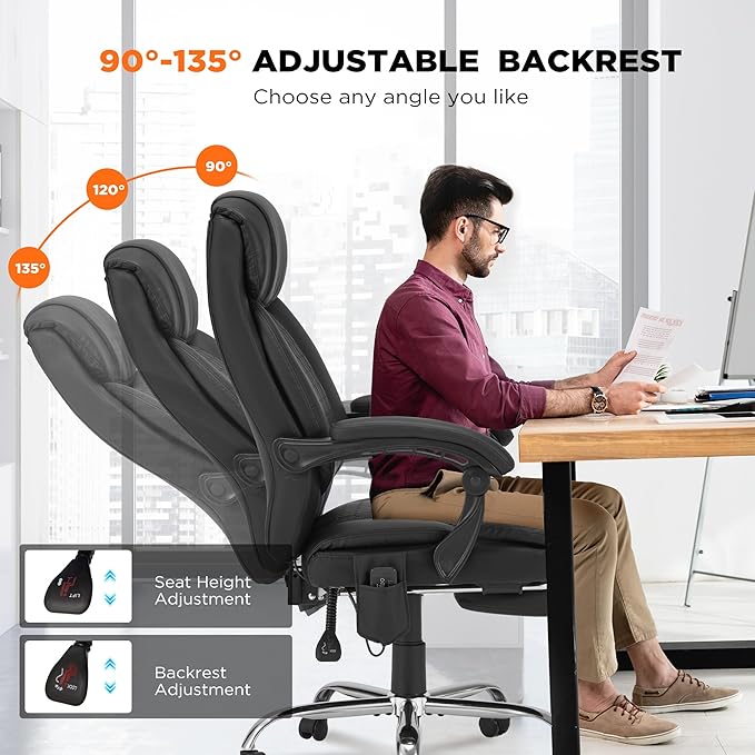 HOMREST Heated Office Chair with Vibrating Massage, Ergonomic Executive Desk Chair with Retractable Footrest and Lumbar Support, High-Back Reclining PU Leather Computer Chair for Home Office,Black