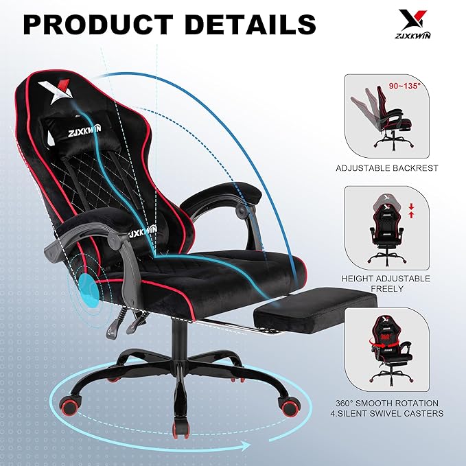 Velvet Gaming Chair, Ergonomic High Back Racing Chair with Footrest, Spring Wide Cushion, Adjustable Headrest & Lumbar Support, 90-135° Recline, 360° Swivel, 300lbs for Home Office, Red