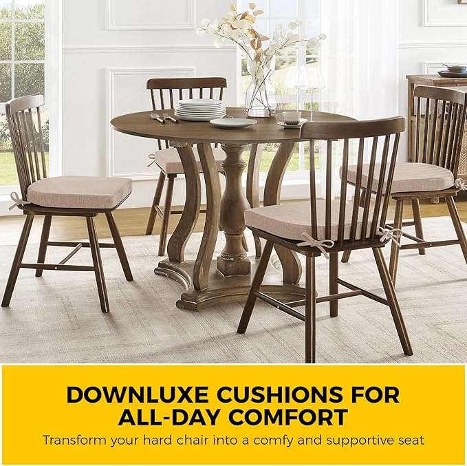 downluxe Indoor Chair Cushions for Dining Chairs, Kitchen Chair Pads with Ties and Non-Slip Backing, 16" x 16" x 2", Oatmeal Beige, 4 Pack