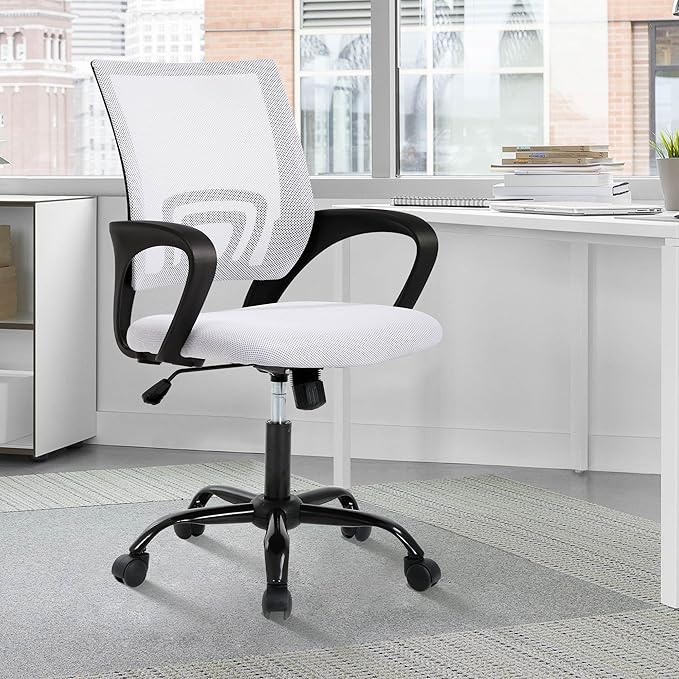 MKDLUFEI Office Chair, Ergonomic Cheap Desk Chair with Lumbar Support, Adjustable Mid Back Task Rolling Swivel for Home Office Student, Adults,Study, White
