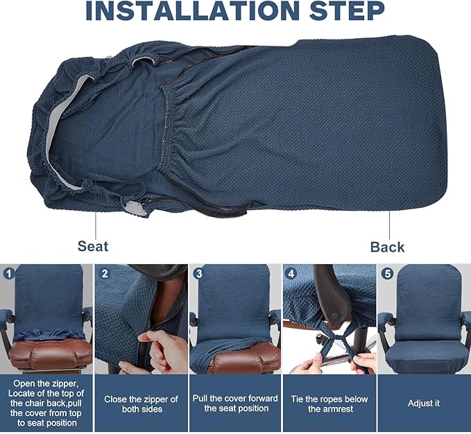 NeColorLife Office Chair Cover with Armrest Covers Stretchable - Zippered High Back Seat Cover for Extra Large Executive Desk Chairs,Big Tall Man (X-Large Size, Navy Blue)