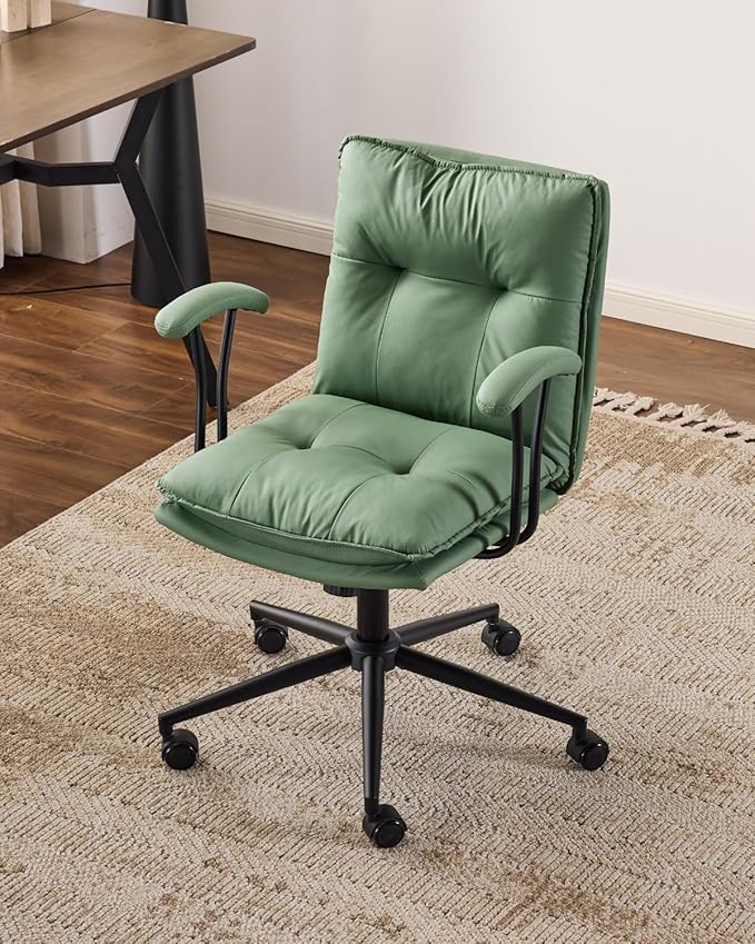 Karl home Faux Leather Office Chair with Removable Armrests, Adjustable Height & 360° Swivel, Tufted Thick Cushion Computer Desk Chair with Lumbar Support for Living Room, Vanity, Green