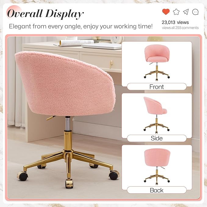 KCC Faux Fur Office Desk Chair, Comfy Fluffy Swivel Modern Leisure Armchair with Wheels, Upholstered Comfy Fuzzy Vanity Makeup Chair Height Adjustable for Teens Women Girls Elegant Home Office(Pink)