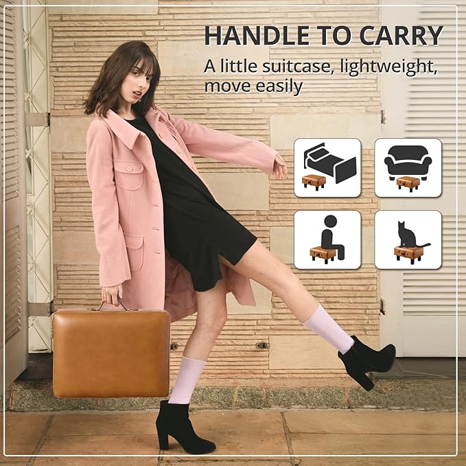 LUE BONA Small Foot Stool with Handle, Whisky Brown PU Leather Short Rest Rectangle Storage Foot Stools Ottoman with Plastic Legs, Padded Small Step Stool for Living Room, Office, Patio