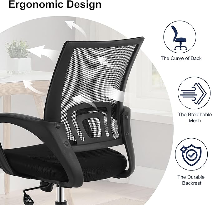 Computer Desk Chair,Work Chairs for Home Office,Ergonomic Office Chair with Lumbar Support,Mesh Office Chair with Arm and Wide Comfortable Seat,Adjustable Rolling Office Chair,Black