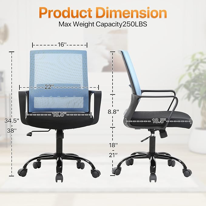 Ergonomic Office Chair, Comfortable Home Desk Chair, Breathable Mesh Back Computer Chair and Lumbar Support, Adjustable Height, Sponge Seat, Blue