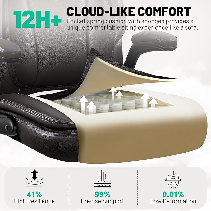 BestGlory Ergonomic Office Chair, PU Leather High Back Desk Chair with Adjustable Headrest and Padded Flip-Up Arms, Lumbar Support Computer Chair for Home Office Gaming, Coffee