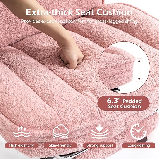 Criss Cross Chair with Wheels - Home Office Desk Chairs with Foot Rest, Morden Comfy Swivel Makeup Chair for Vanity, Ergonomic Cross Legged Office Chair with High Back & Wide Seat, Pink