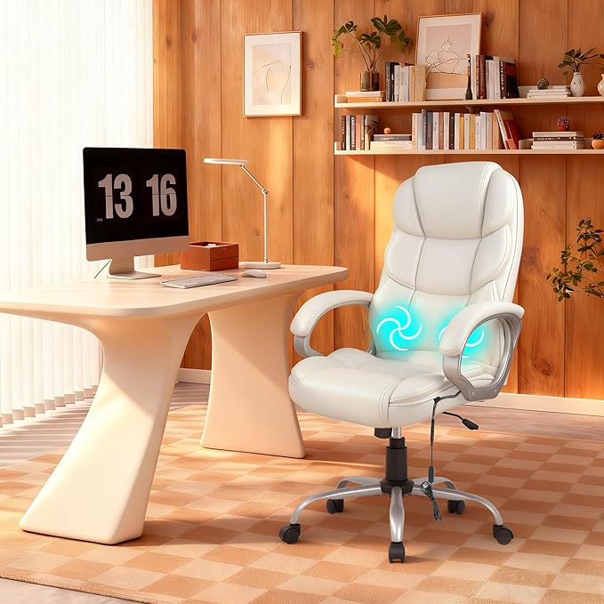 FDW Office Chair Computer High Back Adjustable Ergonomic Desk Chair Executive PU Leather Swivel Task Chair with Armrests Lumbar Support (Beige)