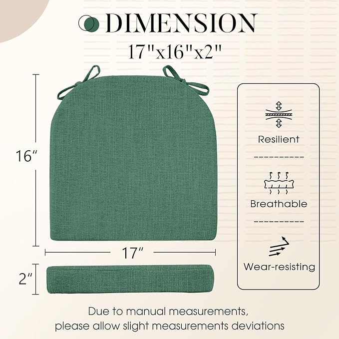 Basic Beyond Chair Cushions for Dining Chairs with Ties and Removable Cover, 2" Thick Seat Cushions for Kitchen Chairs, Set of 4, 17" x 16", Forest Green
