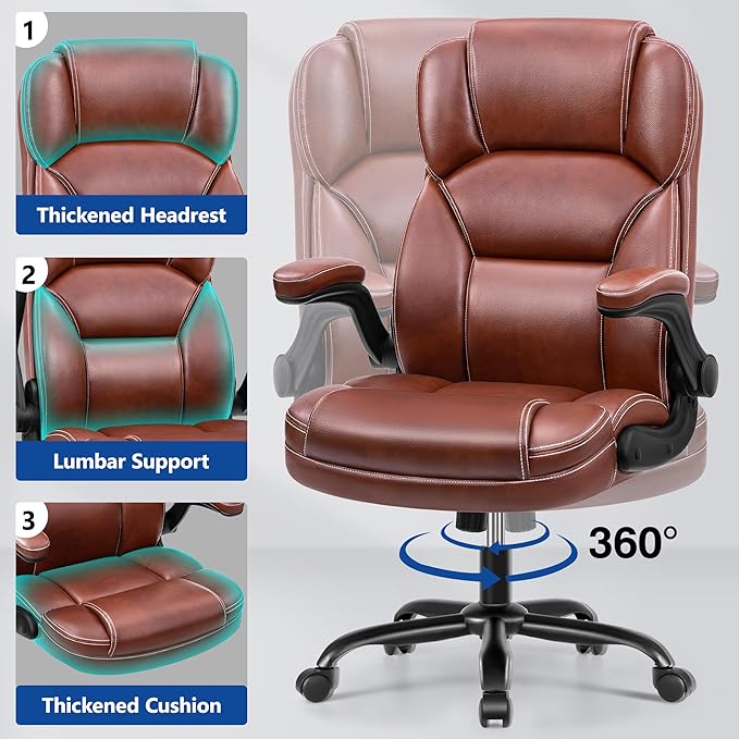 PU Leather Executive Office Chair, Ergonomic High-Back Computer & Gaming Chair with Adjustable Height, Rolling Swivel & Flip-Up Armrests, Comfy Padded Seat for Home Office-Brown
