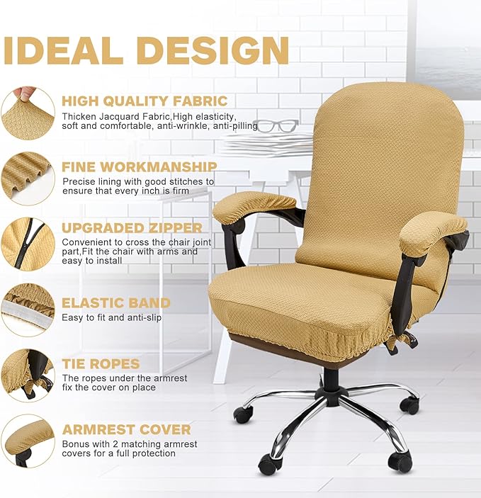 NeColorLife Stretchable Office Chair Cover with Armrest Covers - Thick Checked Jacquard High Back Desk Chair Slipcover for Rotating Chairs (Large Size, Camel)