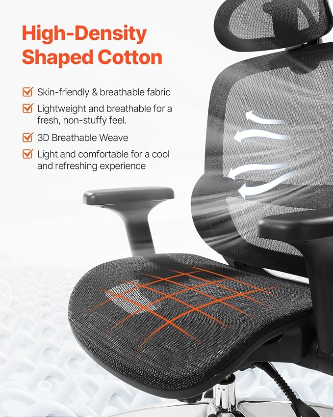 VEVOR Ergonomic Office Chair, High Back Home Desk Chair with Adjustable Headrest, Flip-Up Arms, 90-130° Tilt Lock & Wide Backrest, Lumbar Support, Computer Mesh Chairs for Man Woman, Black Task Chair