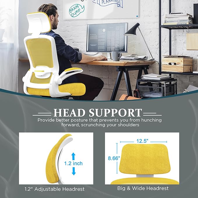 Mimoglad Office Chair, High Back Ergonomic Desk Chair with Adjustable Lumbar Support and Headrest, with flip-up Armrests for Guitar Playing, 5 Years Warranty (Modern, Golden Light)