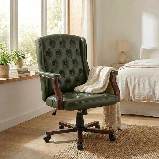 Executive Office Chair, Ergonomic Faux Leather Desk Chair with Wingback Design, Swivel Adjustable Home Office Chair for Computer Desk, Comfortable Task Chair for Home Office, Dark Green
