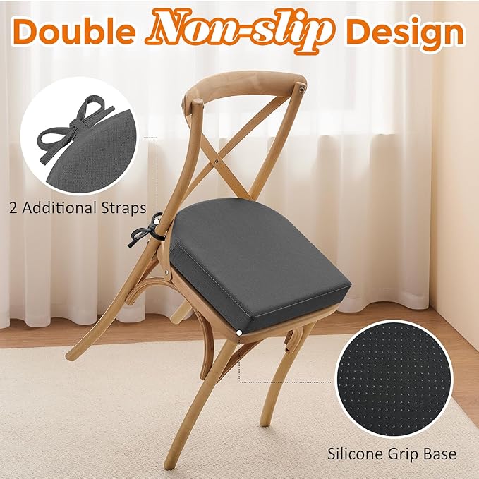 downluxe Chair Cushions for Dining Chairs, Memory Foam Linen Kitchen Chair Pads with Ties, Waterproof, Stain-Resistant and Washable Cover, 17" x 16" x 2.5", Dark Grey, 2 Pack