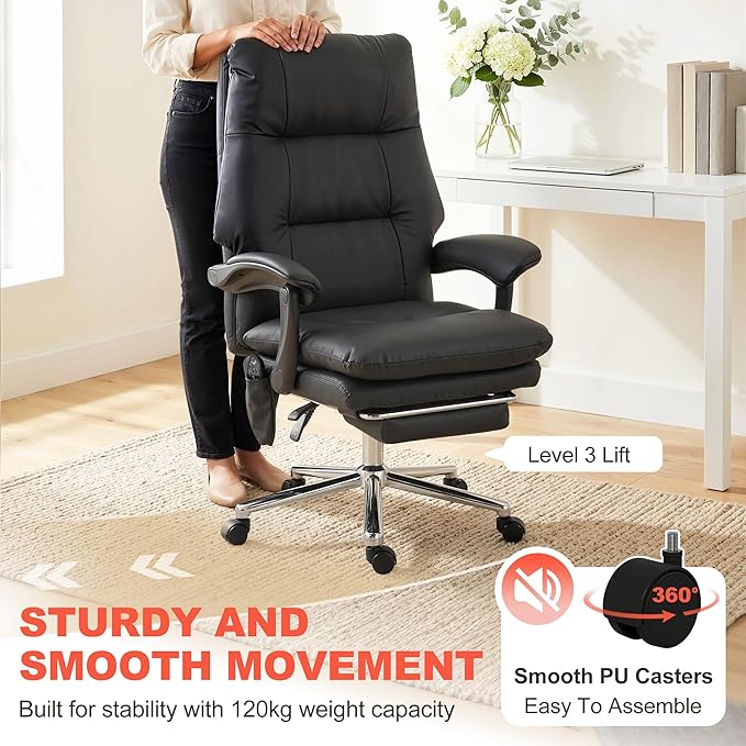 HOMCOM Massage Office Chair with 6-Point Vibration, Pet-Friendly Faux Leather Ergonomic Executive Desk Chair with Double-Layer Spring Cushions, Wide Seat, High Back, Reclining, Footrest, Black