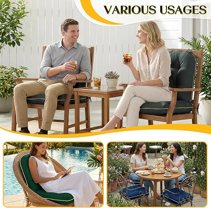 1 MIDDLE ONE Outdoor Chair Cushions Set of 2, Outdoor Cushions for Patio Furniture and Wicker Chair, Memory Foam Patio Seat Cushion Pads with Ties, 19 x 19 Inch (Green)