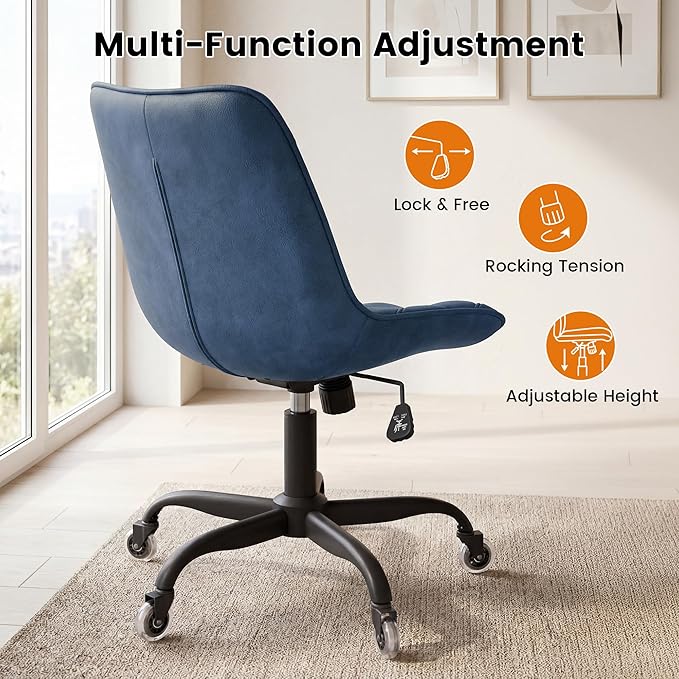 Armless Office Chair, Mid Back Modern Desk Chair with Rubber Wheels, 360 Swivel PU Leather Office Chair No Arms, Adjustable Height Small Computer Chair, Armless Desk Chair for Office, Navy Blue