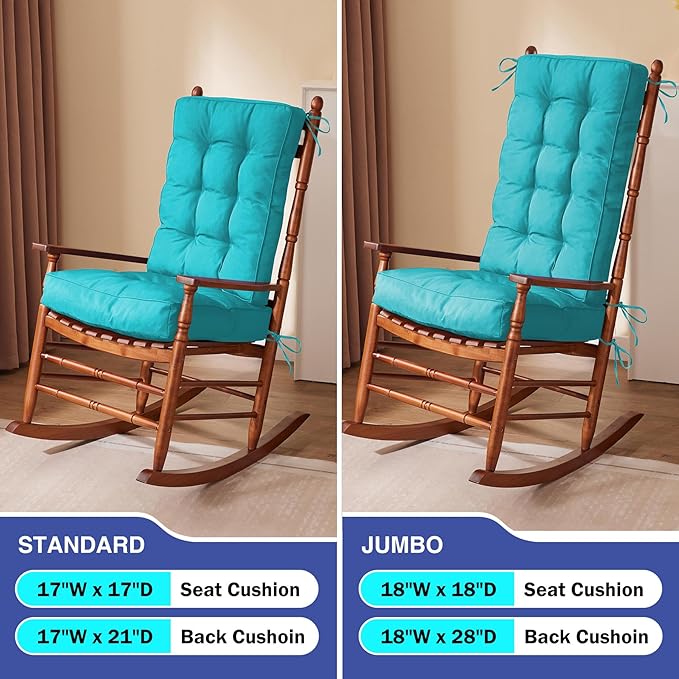 IPYNBAP Rocking Chair Cushion, Waterproof and Fade-Resistant Patio Chair Cushions, Tufted Chair Pads for Rocker Furniture, 17x17 Inch, Indoor/Outdoor Seat Cushions with Ties, Teal Blue (Pack of 2)