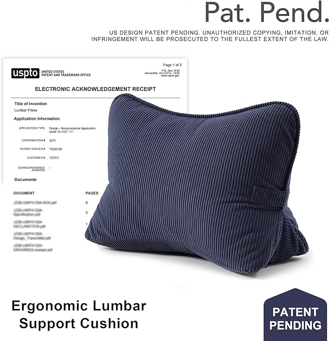 Pat. Pend. Corduroy Wedge Back Support Pillow with Lumbar Support, Back Cushion for Sofa or Bed Sitting, Back Pillow for Reading & Relaxing, Navy Blue