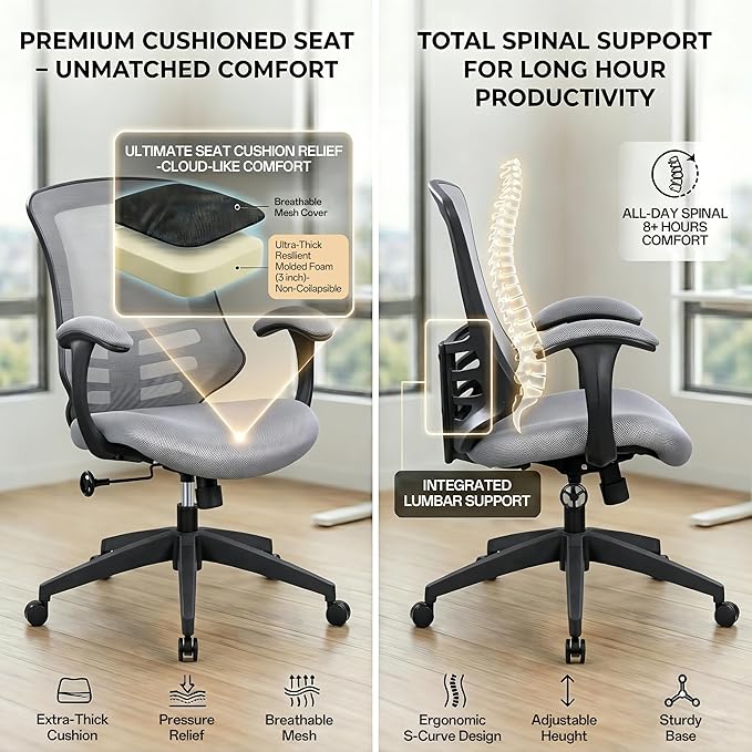 HAMESS Ergonomic Mesh Office Chair for Home Office Swivel Rolling Computer Desk Chair Padded Arms with Built-in Lumbar Support Thick Seat Cushion 300 lbs