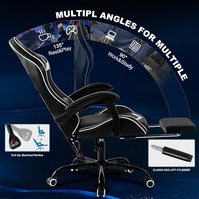 Gaming Chair for Adults, Ergonomic Gamer Chair with Footrest, Spring Pocket Cushion, Computer Office Desk Reclining Chair with Enlarged Metal Base, Linkage Armrests, Lumbar & Headrest (White)