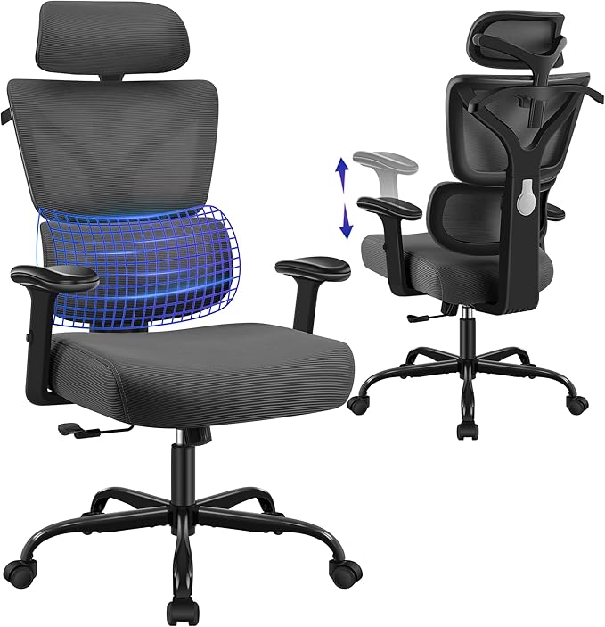 Ergonomic Office Chair, High Back Mesh Computer Chair with Comfortable Adaptive Lumbar Support, Built-in Coat Hanger, SGS Class 4 Gas Lift, Heavy Duty 300lbs for Long Hours Home Office