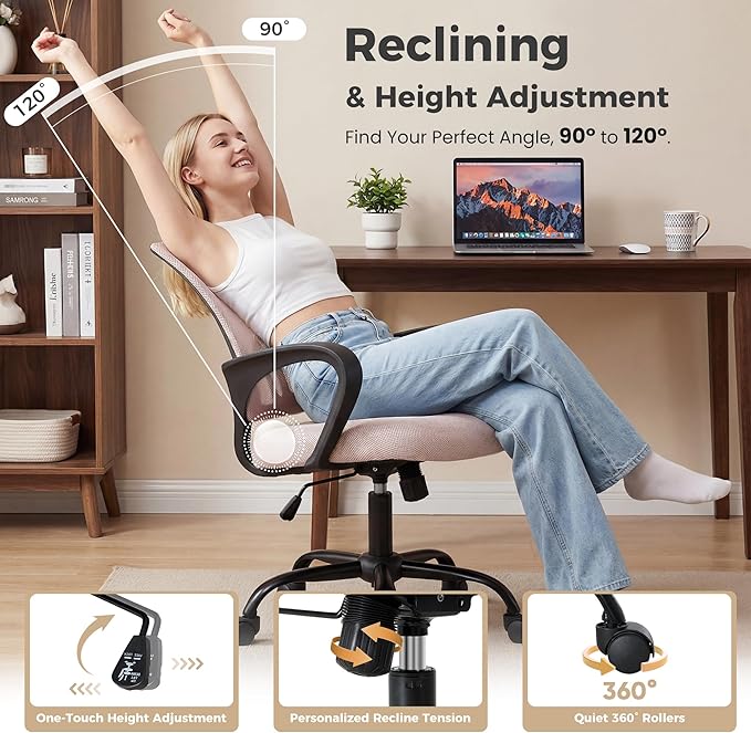 OLIXIS Office Desk Chair - Ergonomic Mid Back with Lumbar Support & Rocking Mode, Height Adjustable with Fixed Armrest, Storage Back for Computer, Gaming, Conference, Meeting Room, 360° Swivel, Pink