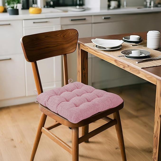 ELFJOY 4 Pack Chair Cushions for Dining Chairs Chair Pads Cushion for Kitchen Office Tufted Textured Square Seat Cushion with Ties (16" Light Pink)