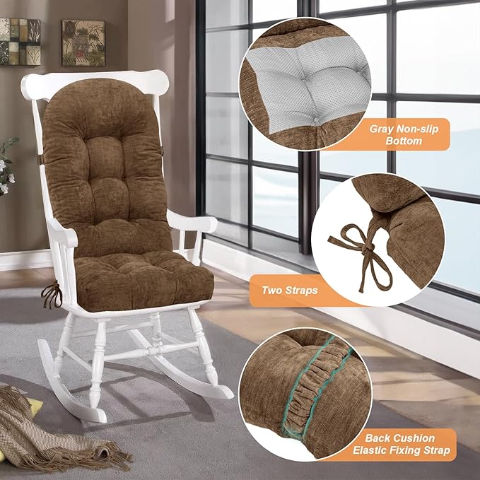 Rocking Chair Cushion - Chenille Fabric, High-Density Sponge, Durable Comfort Non-Slip Bottom Tufted Seat Pads with Ties, Chenille︱Brown, 44x19x4 inch