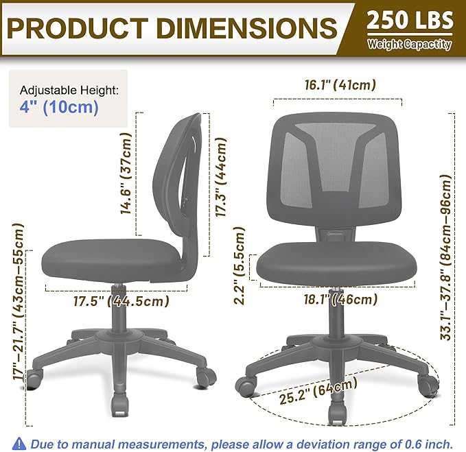 Small Ecgonomic Flexible Computer Home Task Chair Swivel No Arms with Adjustable Height and Lumbar Support for Adult and Child