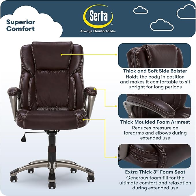 Serta Garret Executive Office Chair, Ergonomic Mid-Back with Lumbar Support, Semi-Plush Cushion and Body Pillows, Padded Armrests, Swivel Base, Bonded Leather, Brown