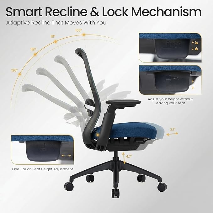 COLAMY Aether Executive Office Chair for Long Hours, One-Touch Easy Adjust Managerial Desk Chair with Levitating Seat Cushion & Pilot-Level Sync Armrests, 300 LBS Mid Back Mesh Computer Chair,Blue