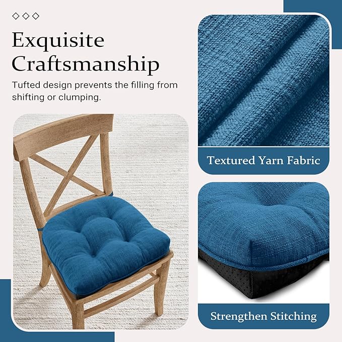 Wellsin Chair Cushions for Dining Chairs, Non-Slip Kitchen Chair Pads with Ties, Tufted Shredded Foam Kitchen Chair Cushions Set of 4, 15.5" X 15.5", Turquoise