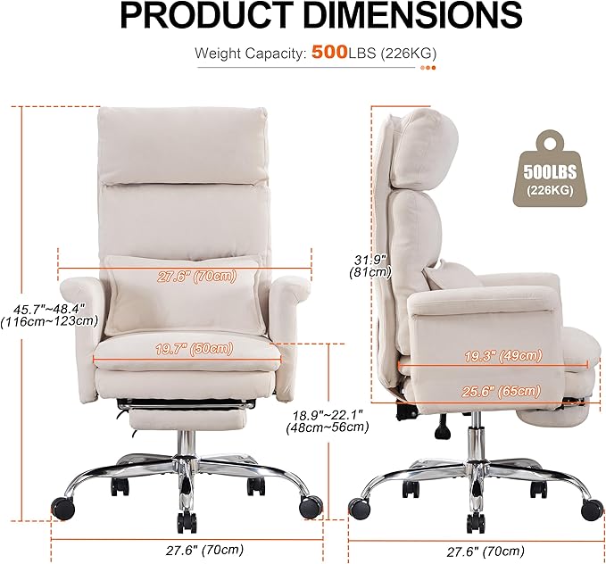 Okeysen Office Chair with Flip Armrests, Big and Tall Office Chair with Foot Rest, Wide Reclining Desk Chair for Cross Legged Sitting & Pets, Executive Ergonomic Computer Gaming Chair with Pillow