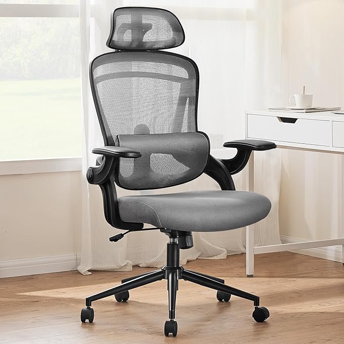 Sweetcrispy Ergonomic Desk Chair Office Chair, 300 LBS Home Mesh Office Desk Chairs with Wheels, 2D Headrest, Up&Down Lumbar Support, Swivel High Back Computer Chair with Flip-up Armrests,Dark Grey